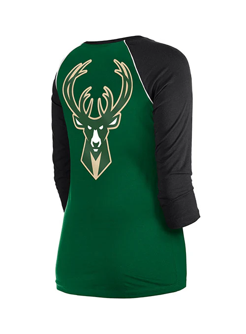 Women's New Era 3/4 Sleeve Athletic GRN/BLK Milwaukee Bucks T-Shirt - Image 3