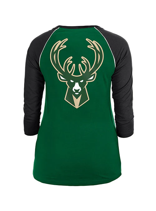 Women's New Era 3/4 Sleeve Athletic GRN/BLK Milwaukee Bucks T-Shirt - Image 4